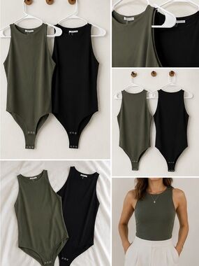 REORIA Double Lined Sleeveless Bodysuit Bundle Black Olive Green Size Xl